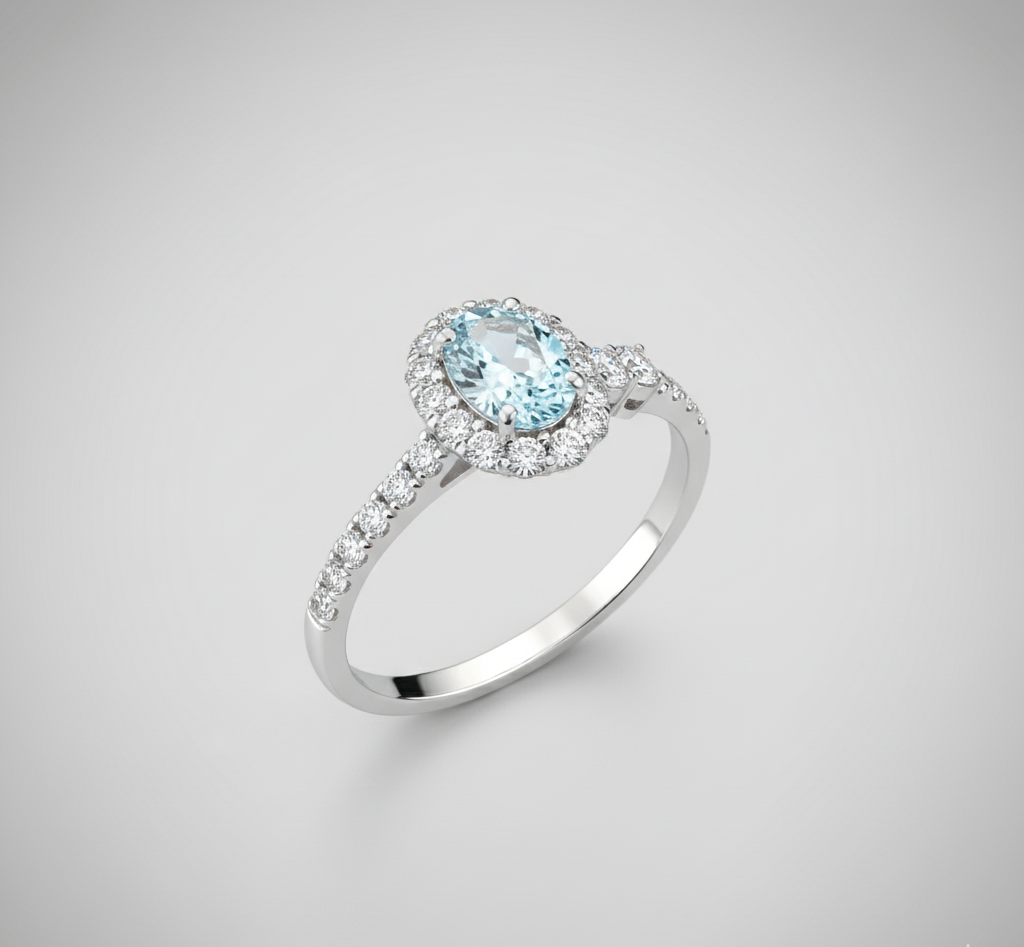 Diamante azul con halo, montado en oro