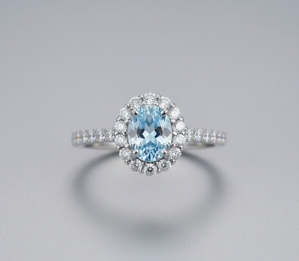 Diamante azul con halo, montado en oro - Imagen 2